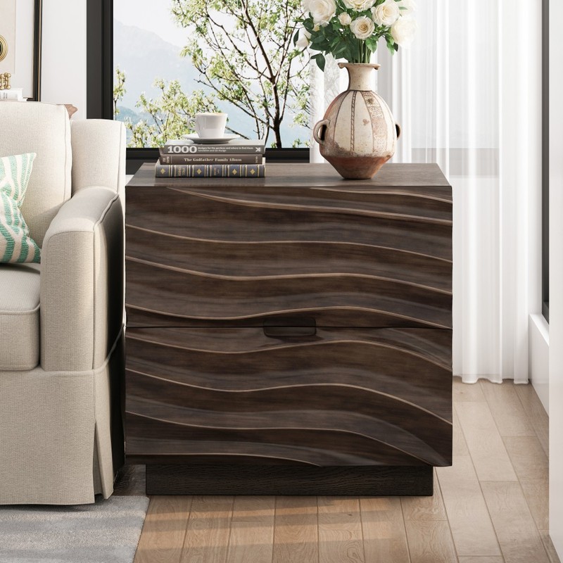Solid Wood Nightstand with 2 Drawers, No Handle Bedside Table, Brown gallery
