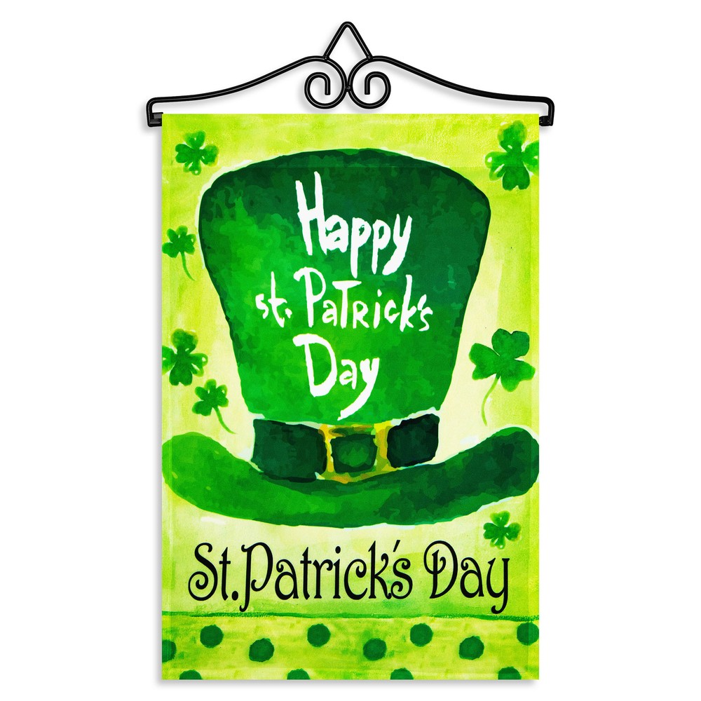 Garden Flag Happy St. Patrick's Day Leprechaun Hat 12x18IN & Hanger Printed Poly