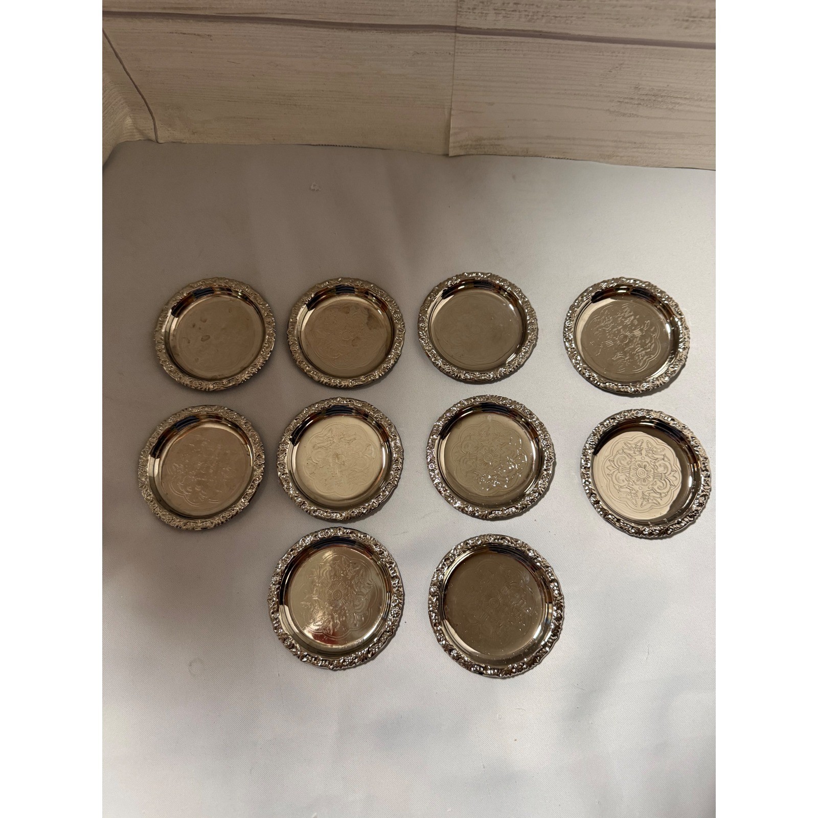 Vintage Silver Tone Metal Coasters Set of 10 Etched Floral Embossed Rim 3.25" gallery
