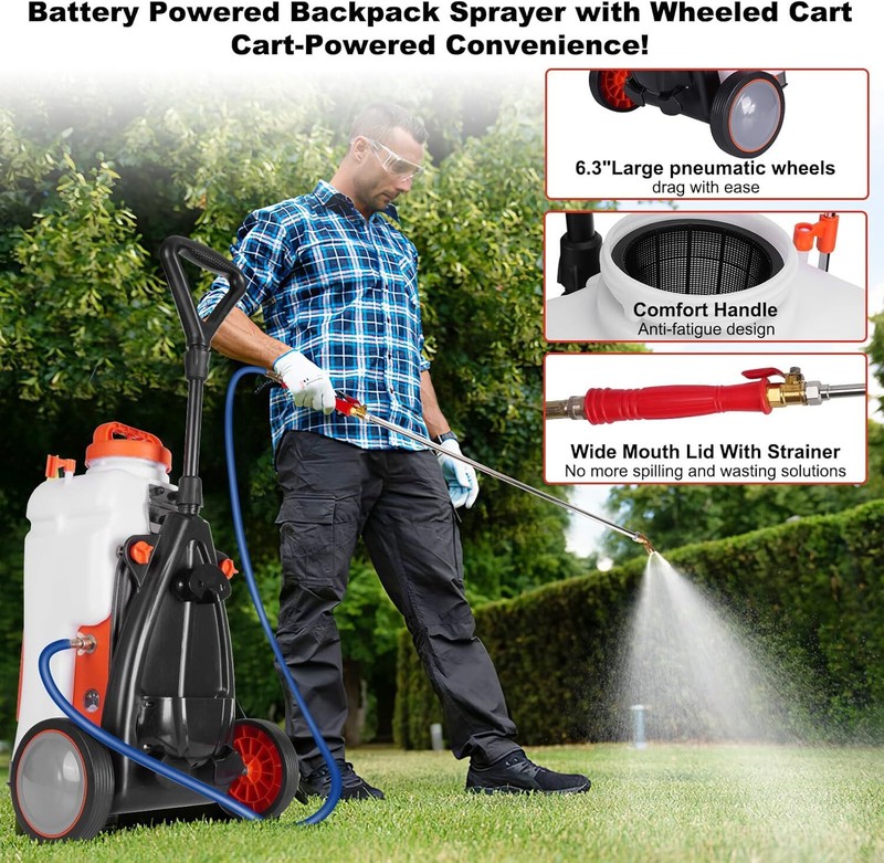 TOOVEM Battery Powered Backpack Sprayer w/ Wheel 4 Gal Tank 0-94 PSI Adjustable gallery