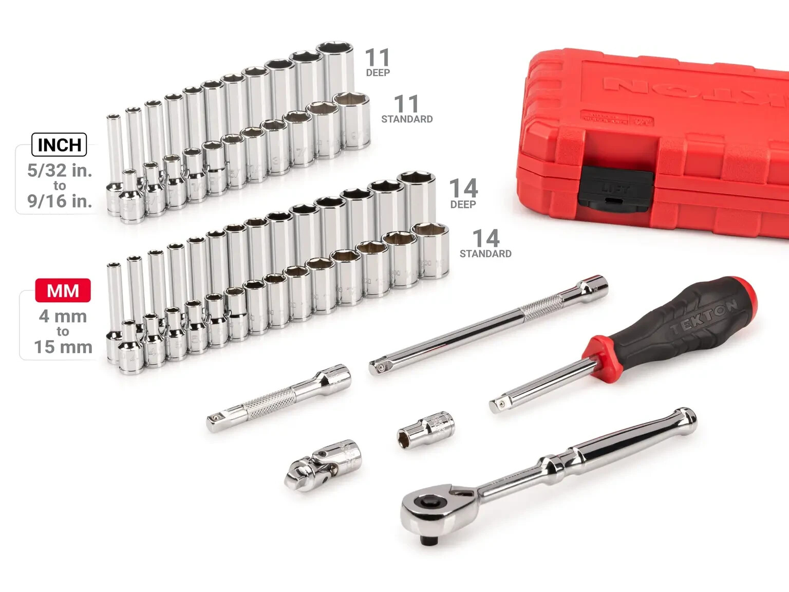 1/4 Inch Drive 6-Point Socket and Ratchet Set, 56-Piece (5/32 - 9/16 in., 4 -15) gallery