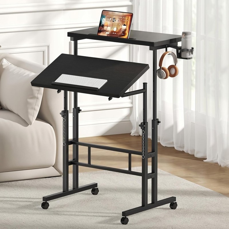 Dual Desktop Height Adjust Rolling Desk w/Cup Holder&Hook,Stand Computer Table gallery