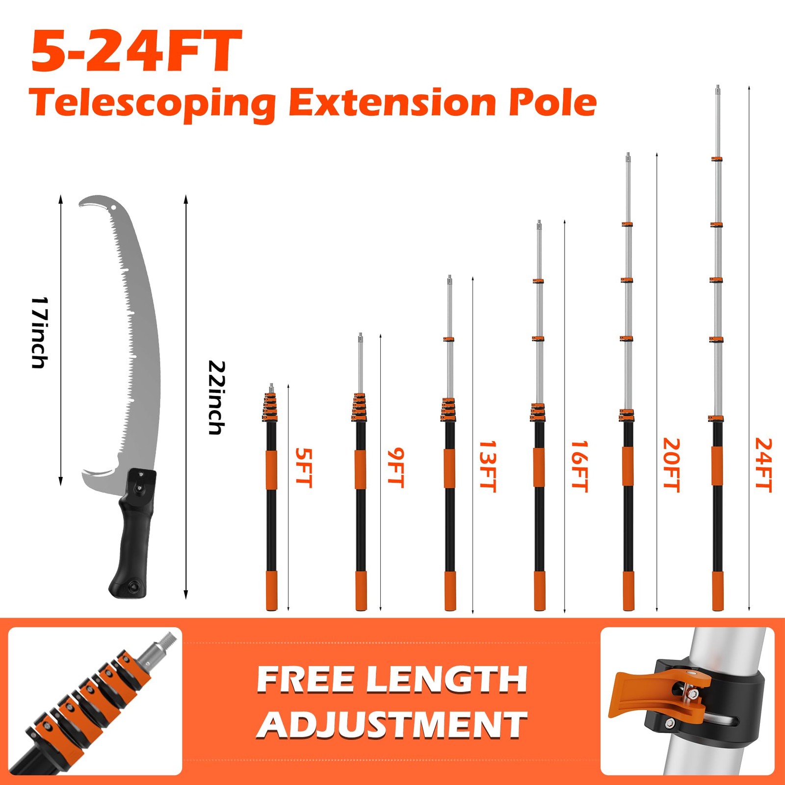 Pole Saw 24FT Telescoping Manual Tree Trimming Flip Lock Orange T7206 5-24FT gallery
