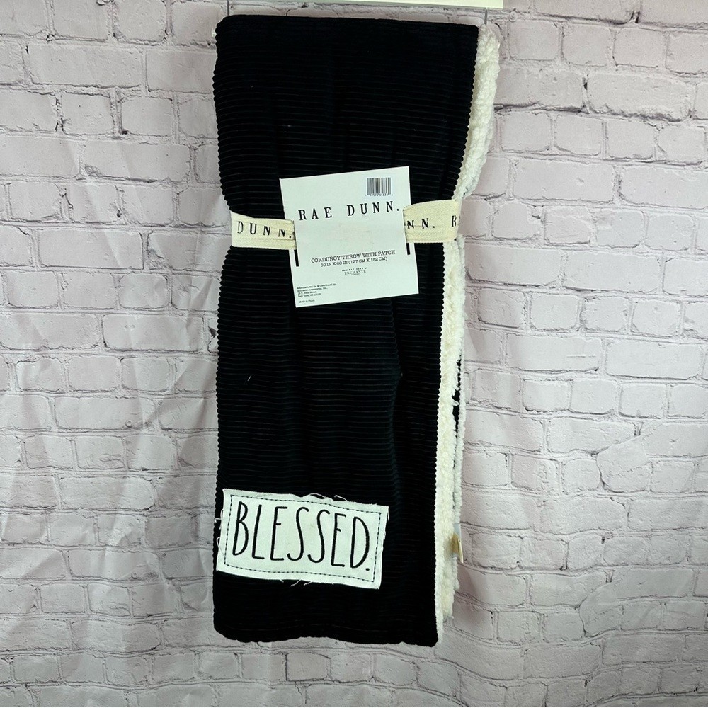 NWT Rae Dunn Black Corduroy Throw BLESSED reverse sherpa farmhouse traditional gallery