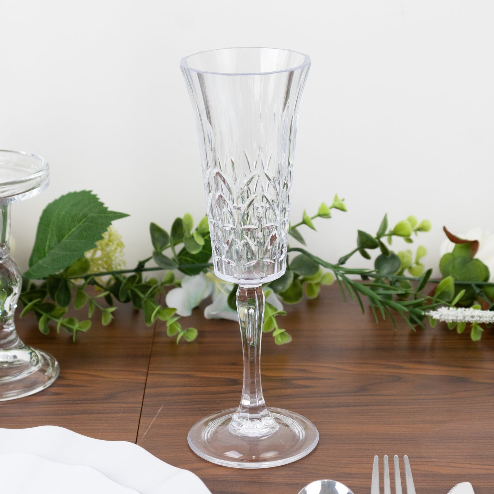 6 CLEAR Shatterproof 6 oz Plastic Champagne Flutes with Embossed Leaf Pattern gallery