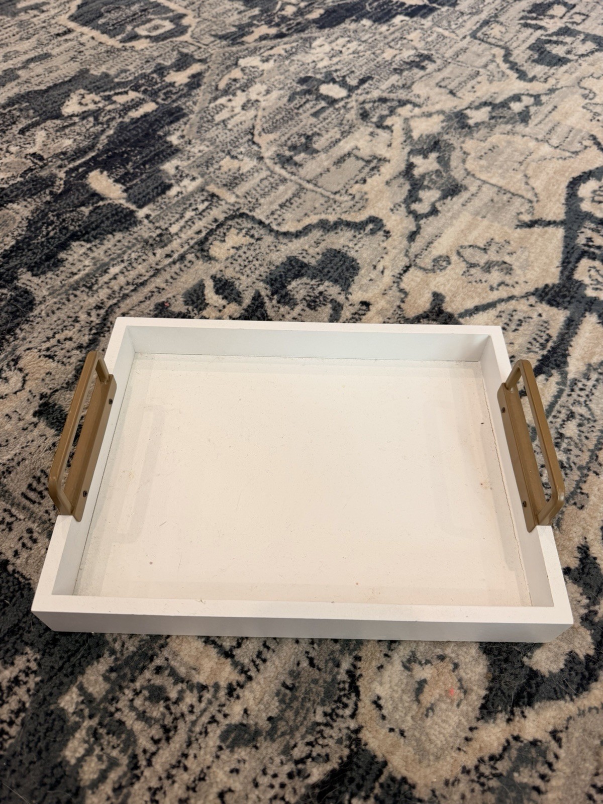 Large White Wooden Rectangular Serving Tray w/ Gold Metal Handles, Painted gallery