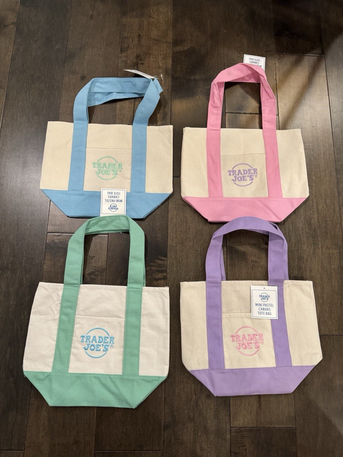 Trader Joe’s Mini Pastel Canvas Tote Bag Set Of 4 NWT Blue Green Pink Purple Sp gallery