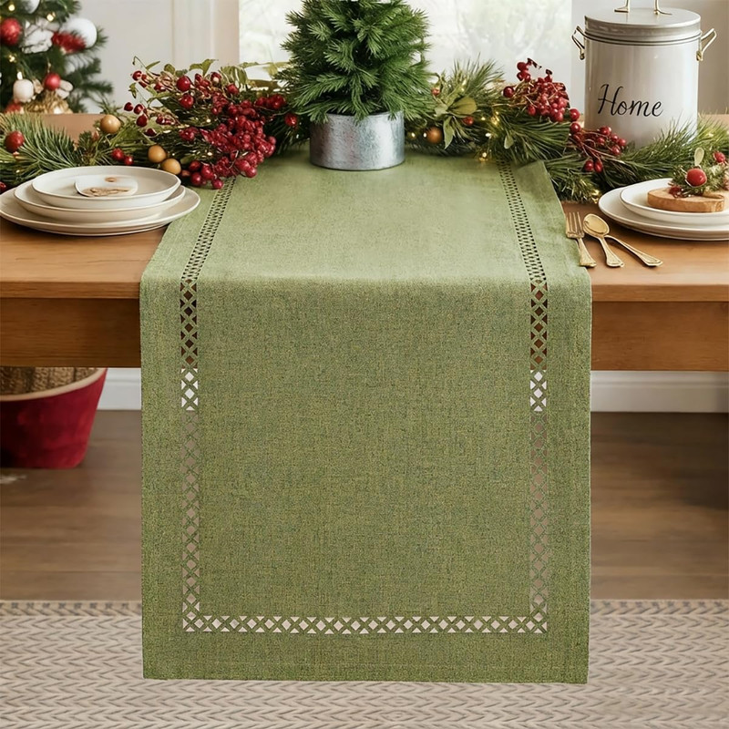 Burlap Style Farmhouse Table Runner, 13 X 48 Inch Sage Green, Rustic Geometric H gallery