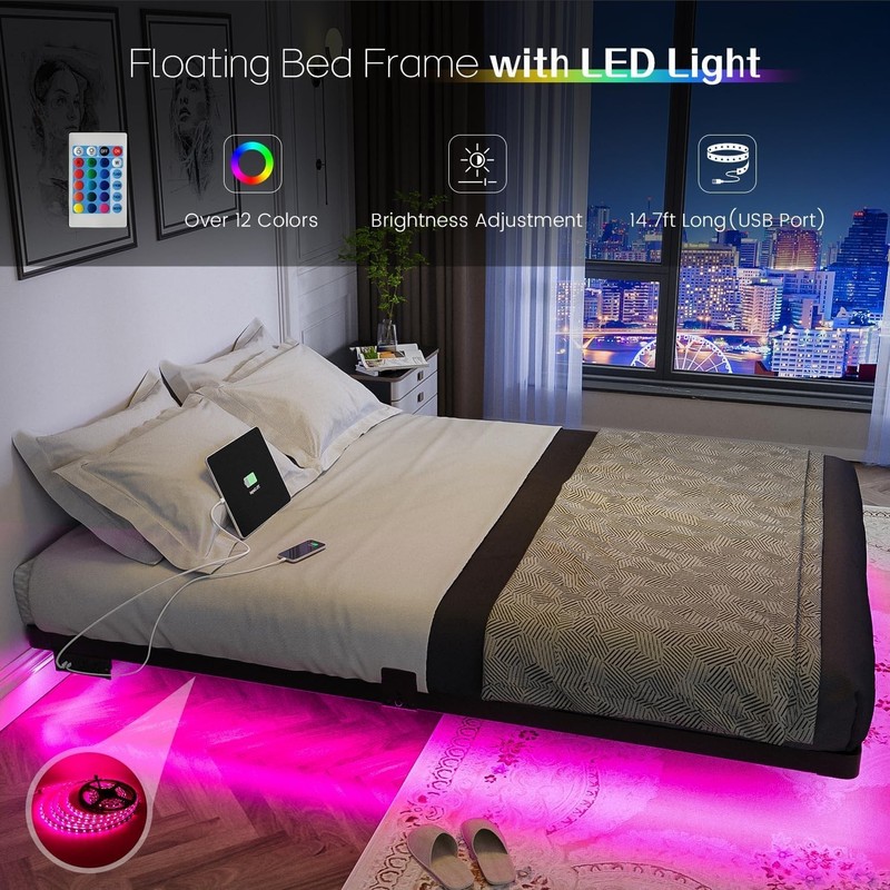 Floating Bed Frame Queen Size with Smart LED Lights and Charging Station - Mo... gallery