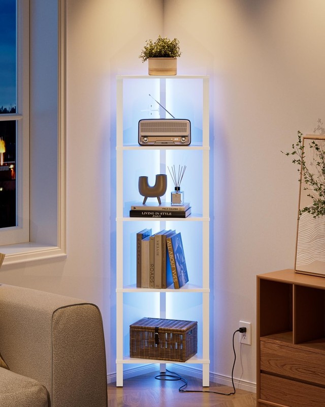 Corner Shelf with LED Light, 5-Tier Corner Bookshelf, Narrow Display Shelf with gallery