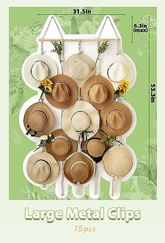 Macrame Hat Rack for Wall 31x53 in Hat Organizer with 15 Clips 31x53in White gallery
