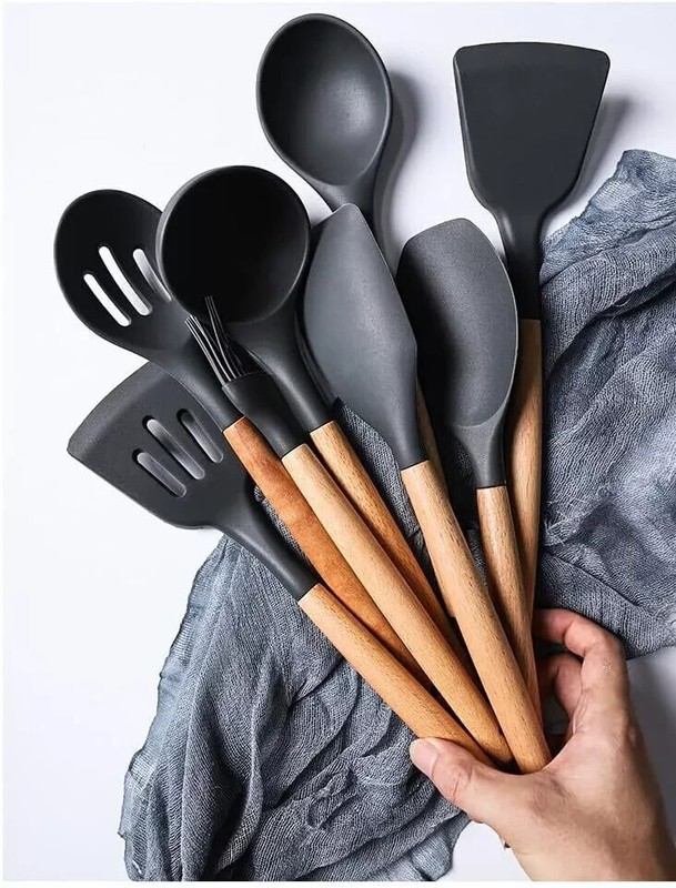 12-Pcs Kitchen Silicone Utensils Set with Heat Resist Wooden Handle Black gallery