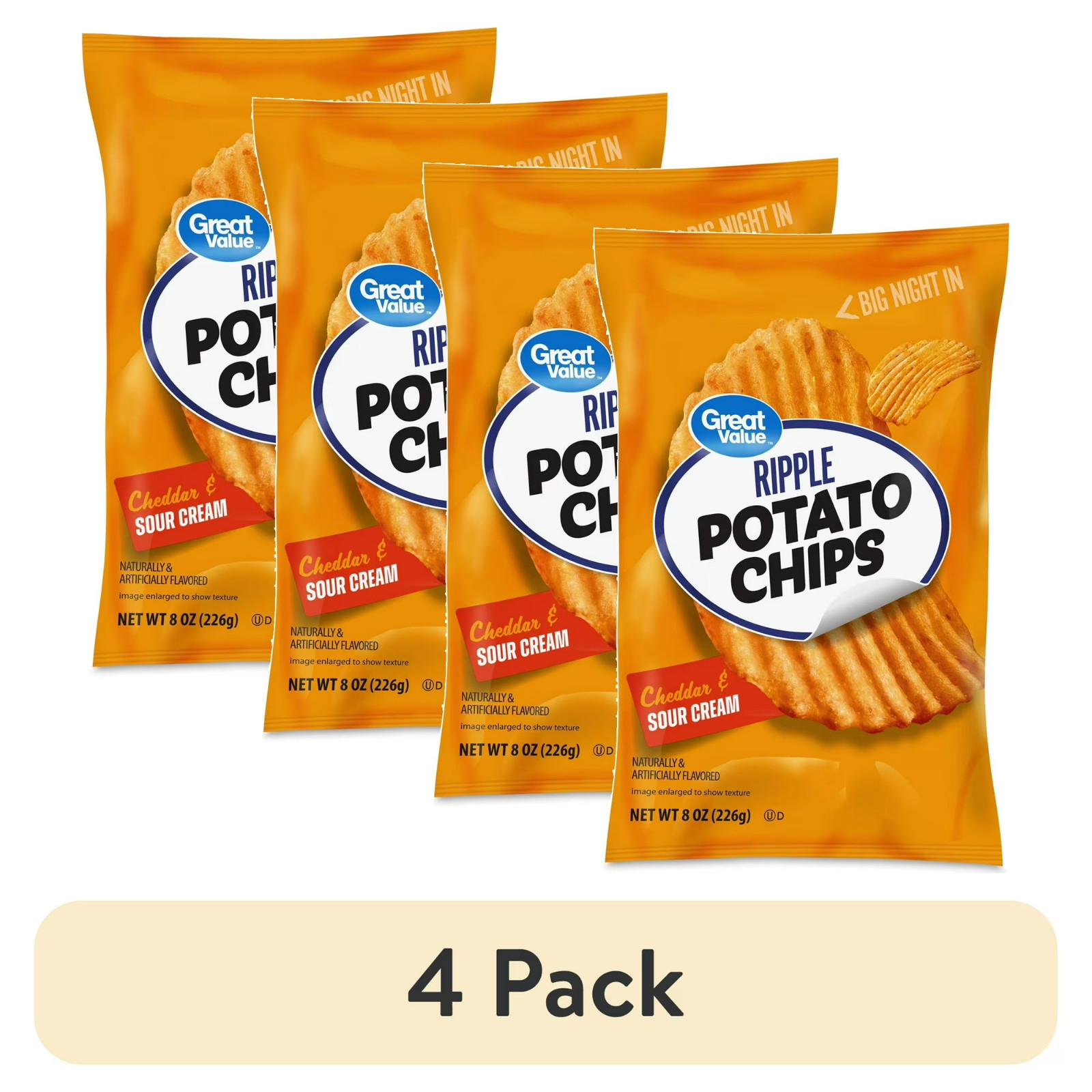 (4 pack) Great Value Rippled Cheddar & Sour Cream Potato Chips, 8 oz Bag gallery