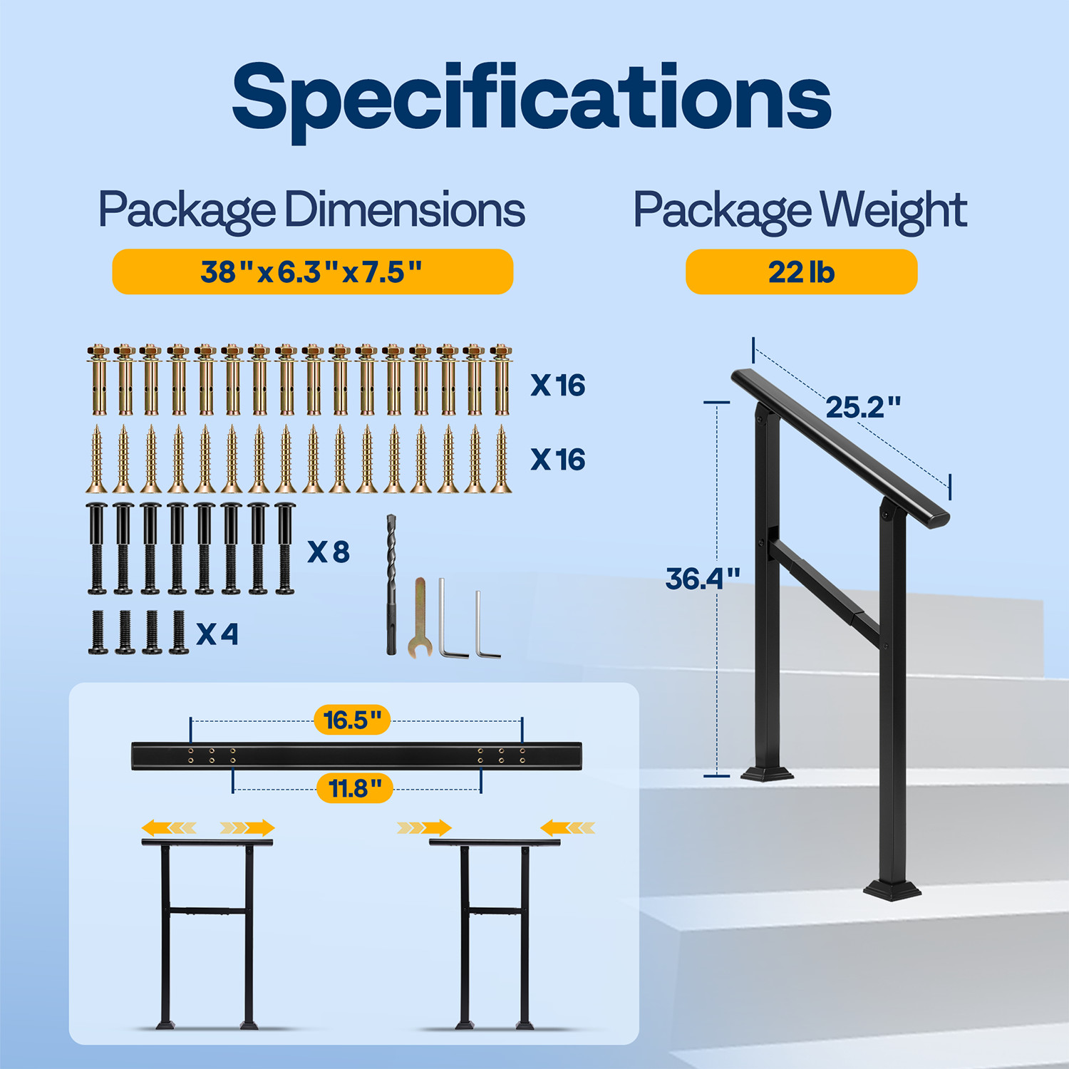 Outdoor Stair Handrail 2-6 Step Adjustable Railing Galvanized Steel Black 2 Pack gallery