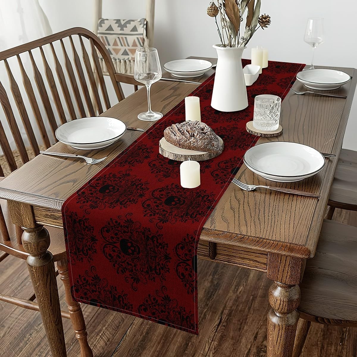 Gothic Skull Table Runner,13" x 48" Damask Print Dresser Scarfs Goth Bohemian... gallery