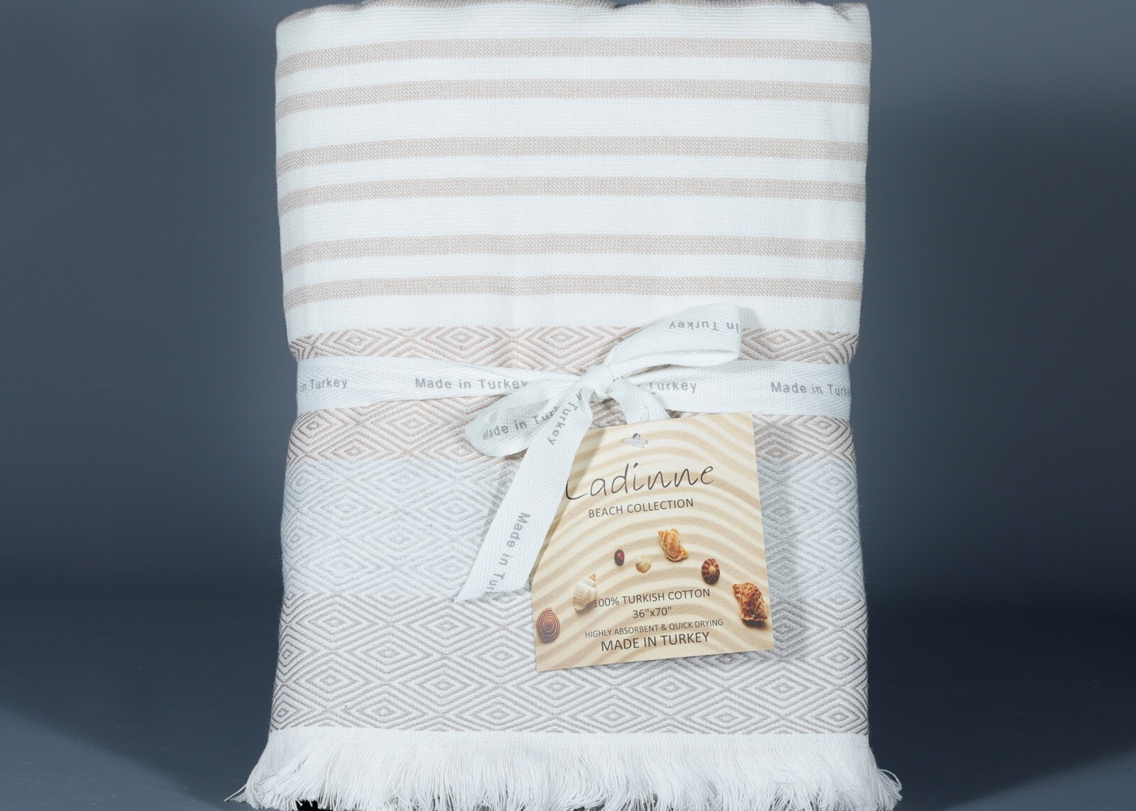 LADINNE Beach Coll. WHITE/BEIGE STRIPES TOWEL 100% Ringspun Cotton 36”x70” #1 gallery