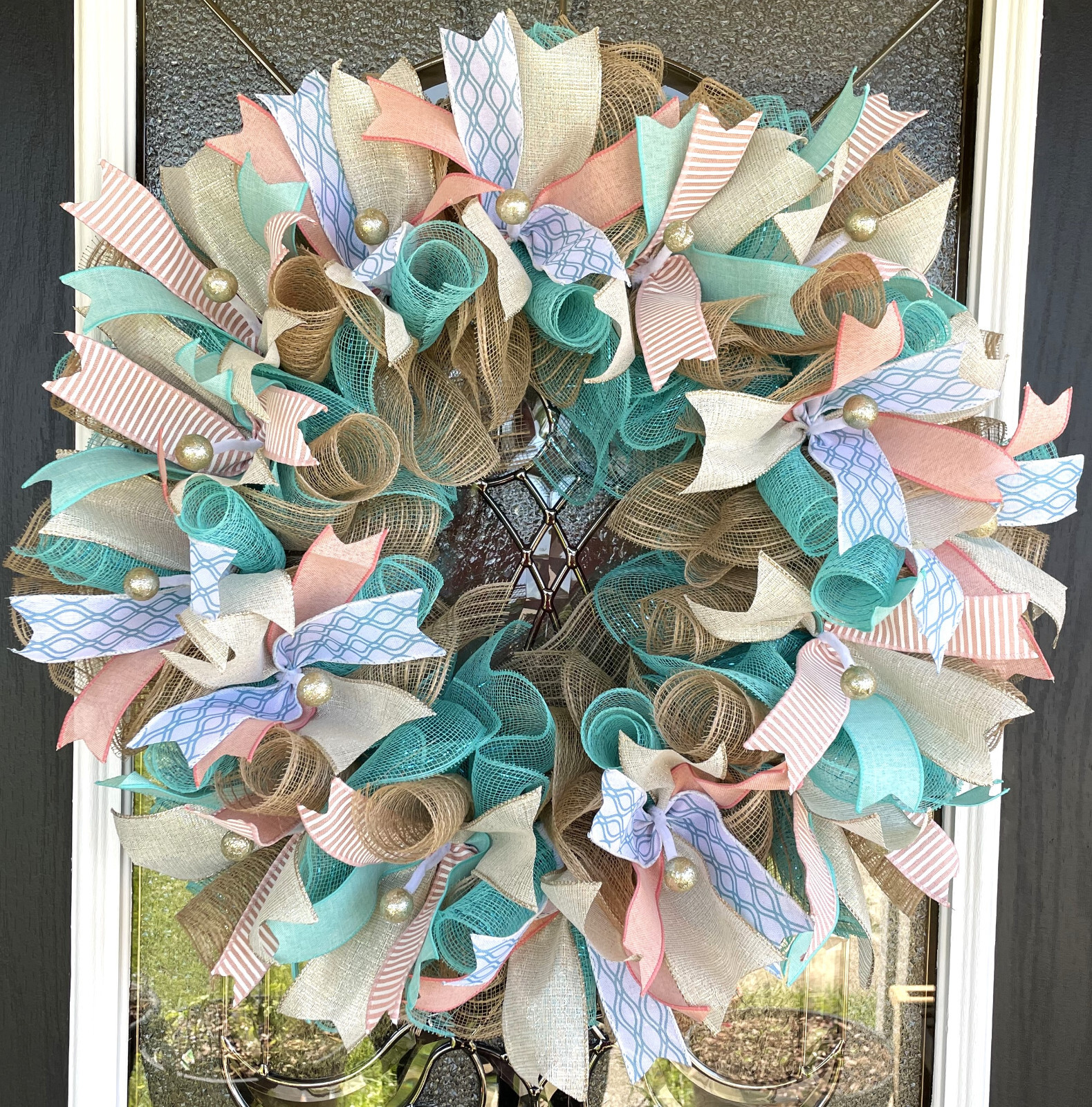 Aqua & Coral Beach Spring Summer Fall Deco Mesh Wreath, Farmhouse Cottage Decor gallery