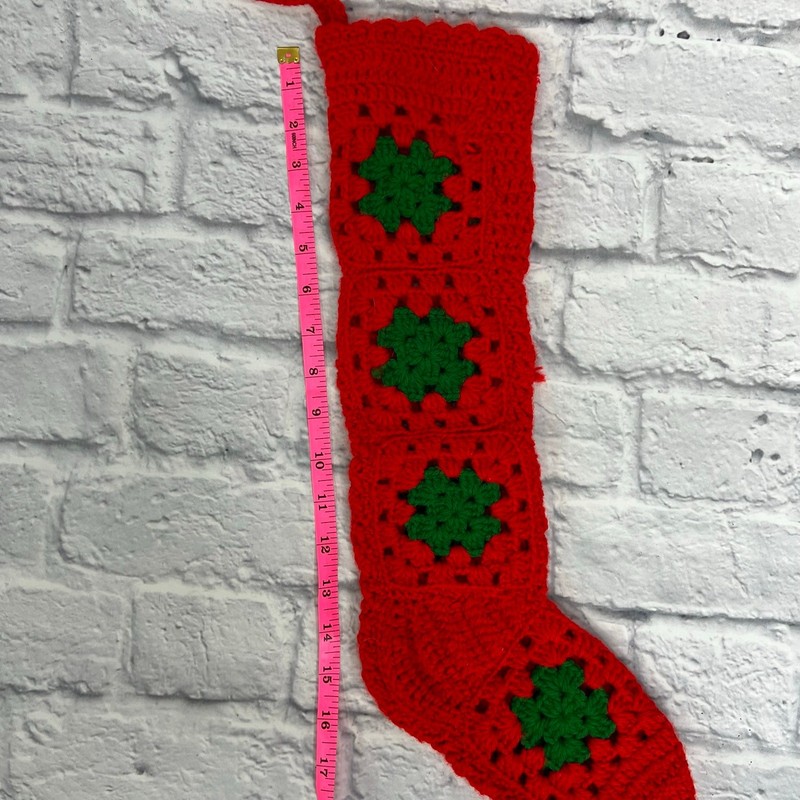 Christmas Stocking Granny Square Handmade Red Green Crochet Knit gallery