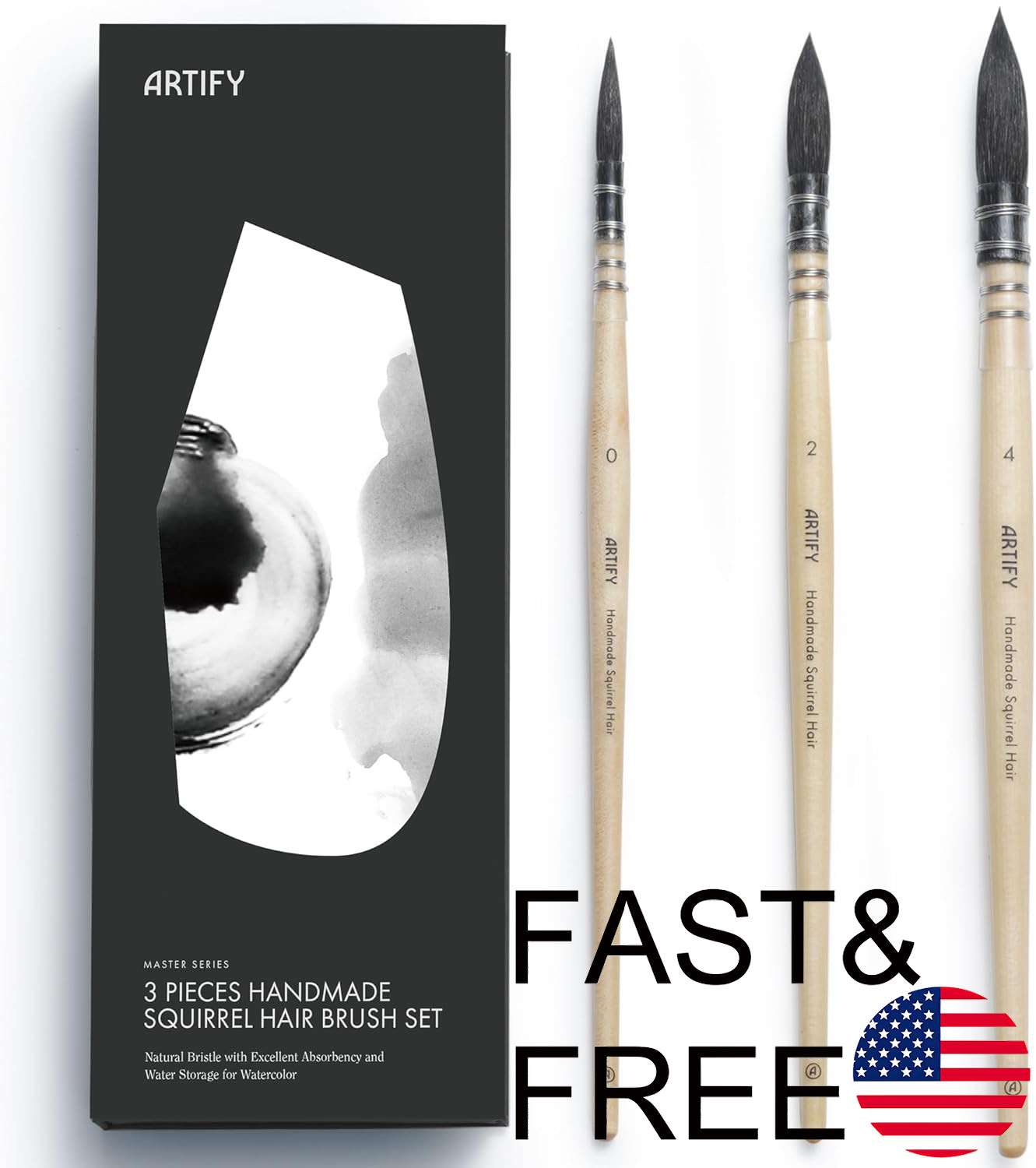 ARTIFY 3PCS Professional Natural Squirrel Hair Quill Watercolor Brushes#0,#2, #4 gallery