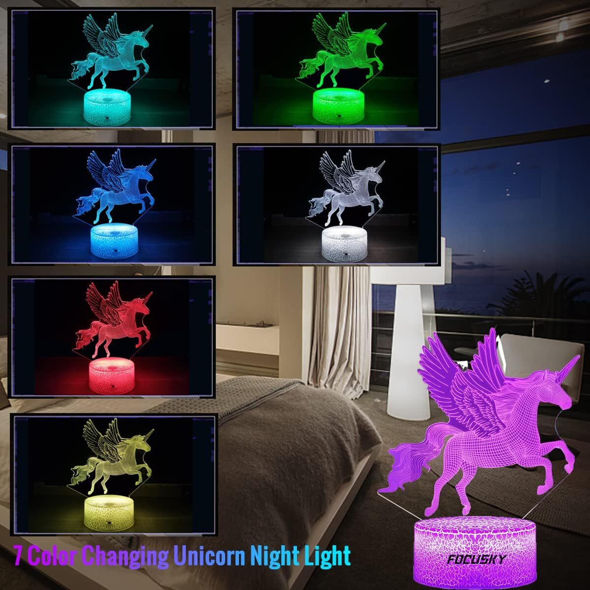 Acrylic 3D Unicorn LED Night Light Bedroom Child 7 Colors Changing Bedside Lamp gallery