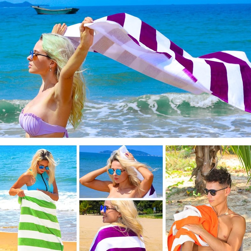 4 Pack Cotton Oversized 35x70 Inches Soft Cabana Stripe Thick Beach Towel, Super gallery