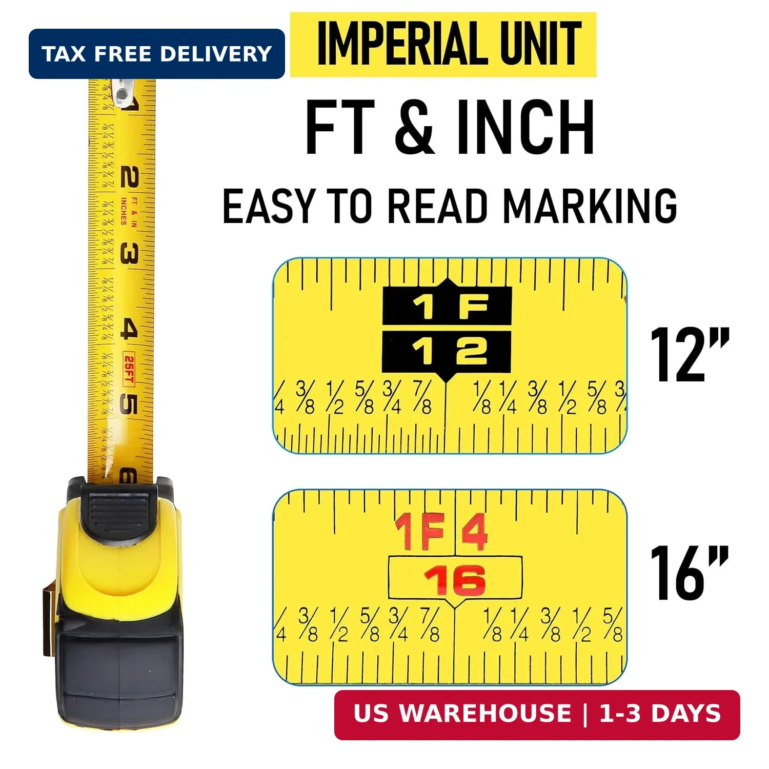 Tape Measure 25ft, Self-Locking, Retractable, Easy Read with Fractions 1/8 Inch gallery
