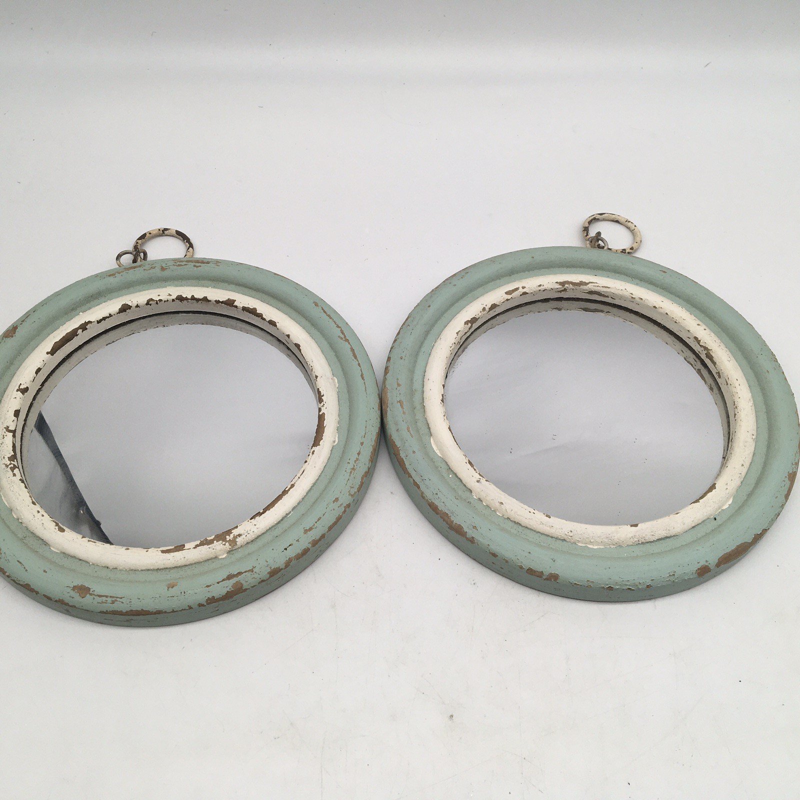 2 Distressed Wood Frame Round Shaped Mirror Wall Hanging French Blue Shabby Chic gallery