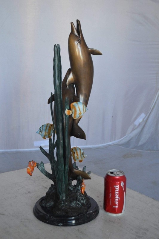 Two Dolphins with fish, table top bronze statue. - Size: 8"L x 8"W x 22"H. gallery