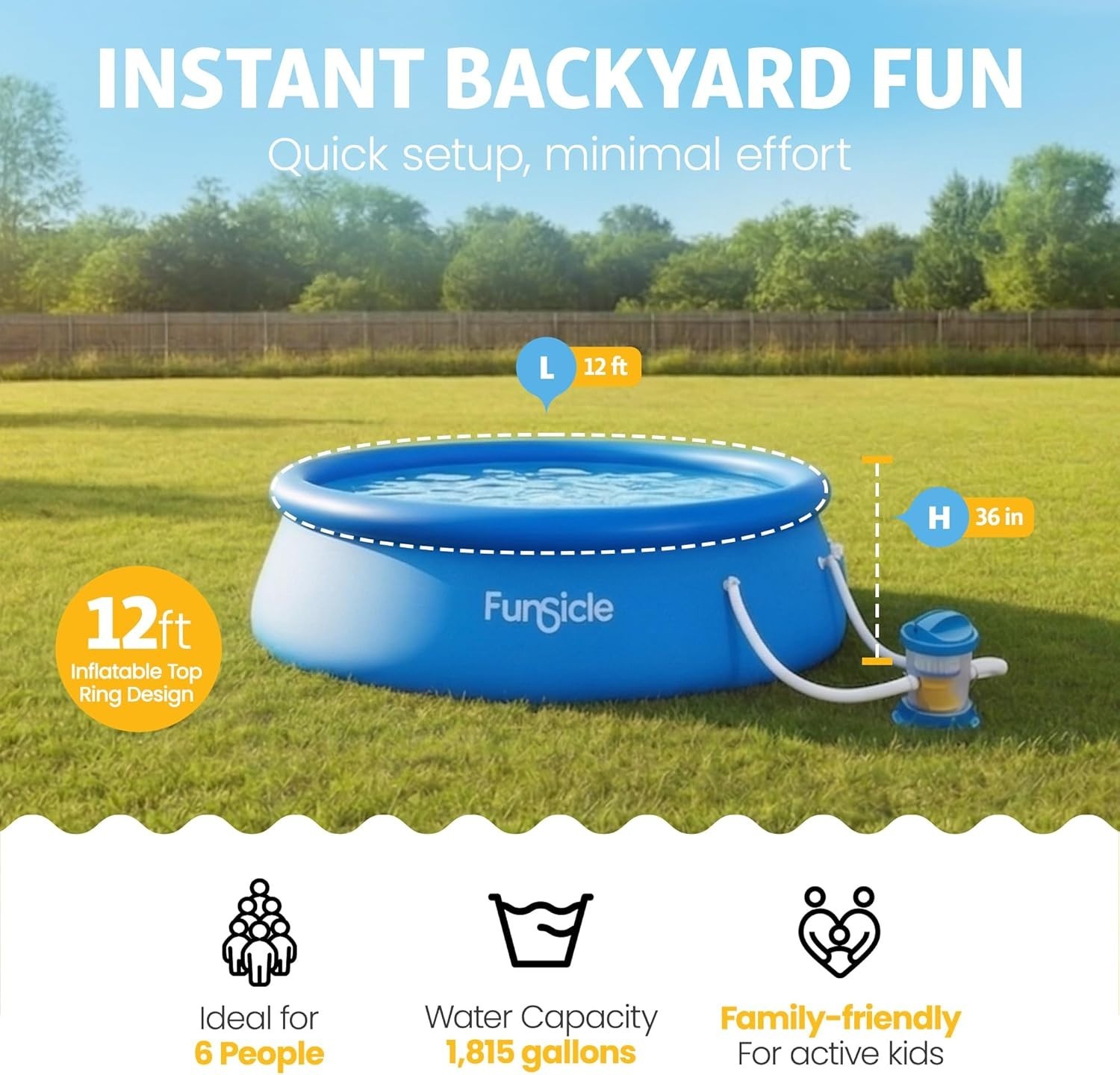 Above Ground Pool, 12'x36" Round Quickset w/ 800 GPH Pump, Cartridge & Patch gallery