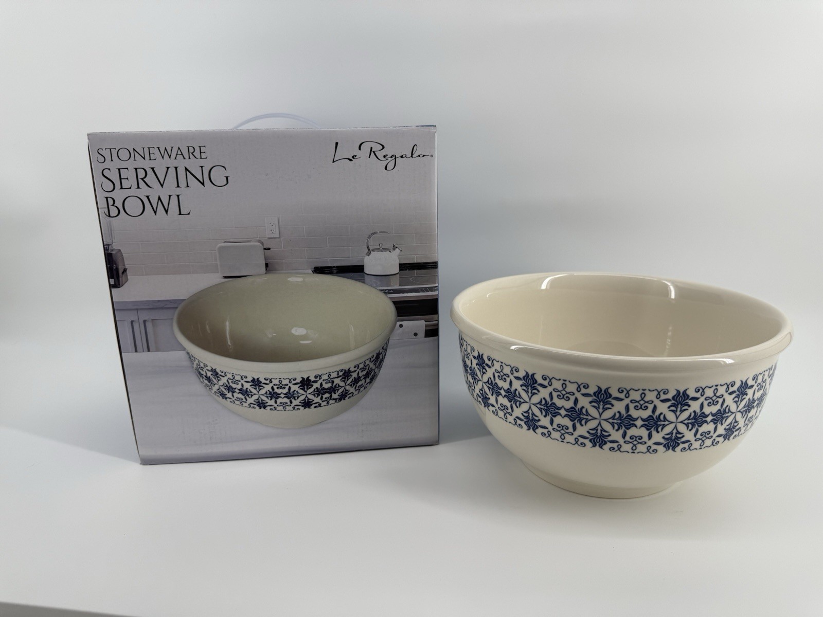 Le Regalo Stoneware Off White & Blue Oven to Table Salad Serving Bowl Baking gallery