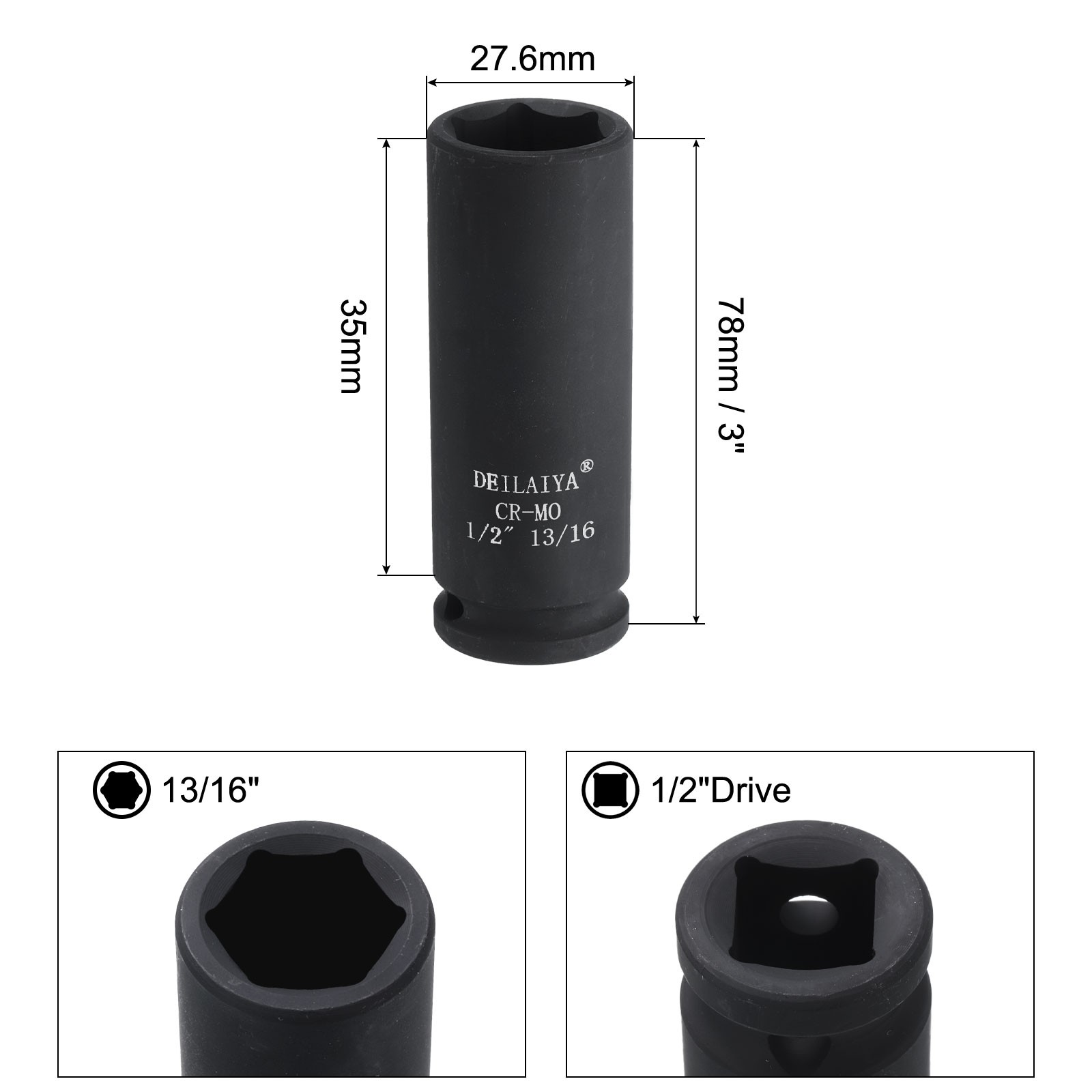 13/16 Inch SAE Deep Impact Socket 1/2 Inch Drive 6 Point CR-MO Steel Socket gallery