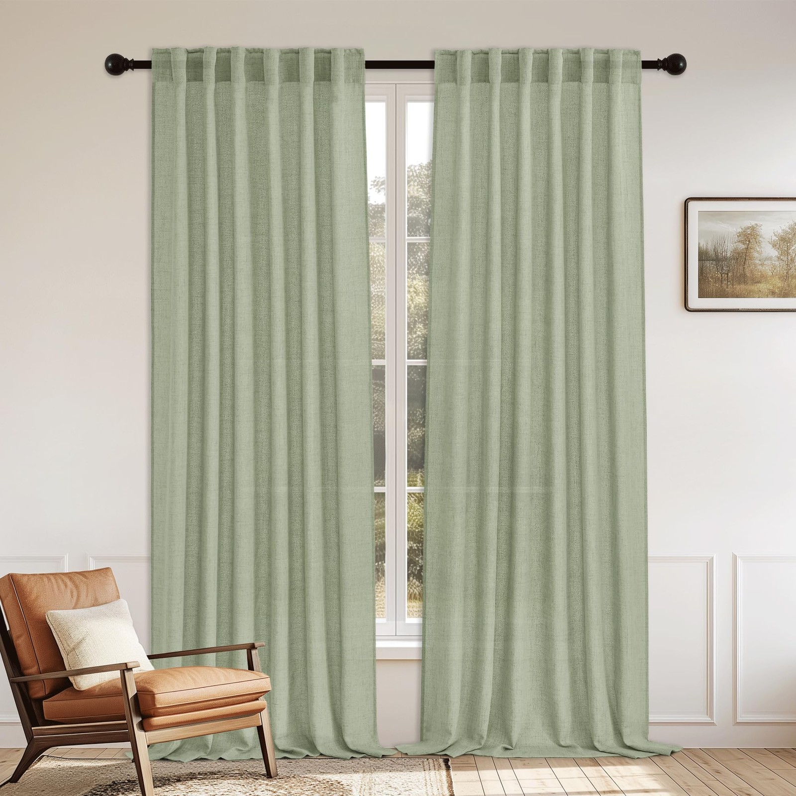 Faux Linen Curtains 84 inch Length Semi Sheer for Living Room, Sage Green Bur... gallery