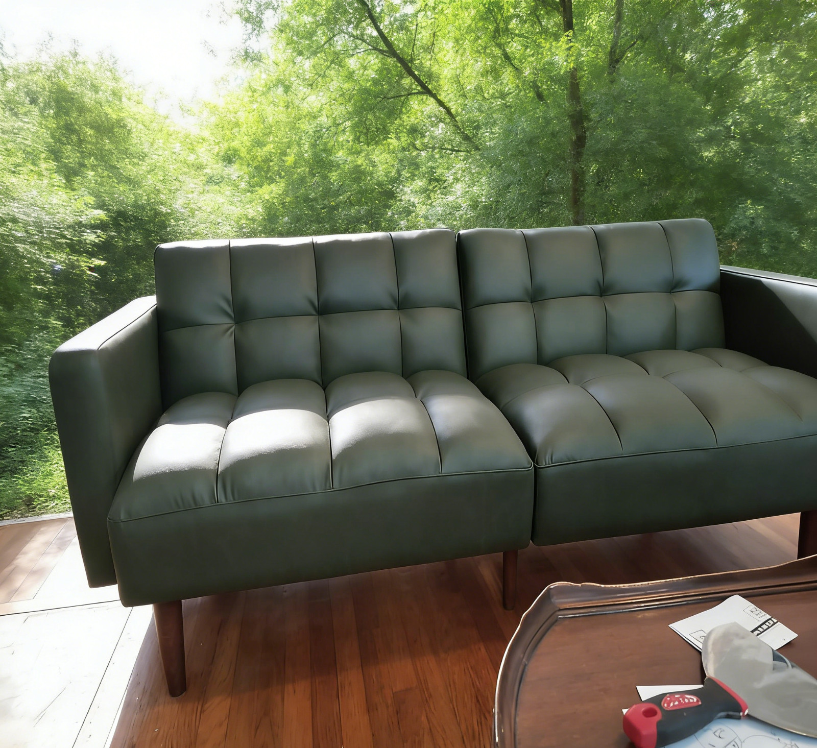 NEW 76" Convertible Futon Sleeper, Sage Green Leather Sofa Bed Couch gallery
