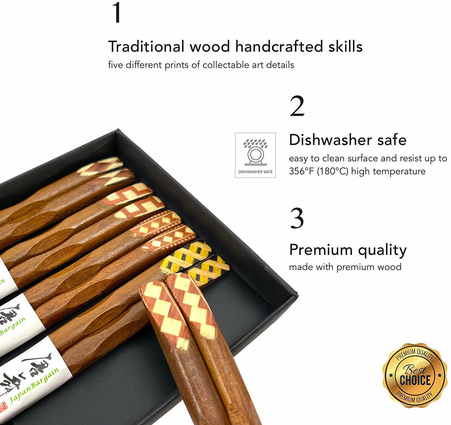 JapanBargain 5 Pair Gift Boxed Set Reusable Wood Bamboo Chopsticks 9 inch Long gallery
