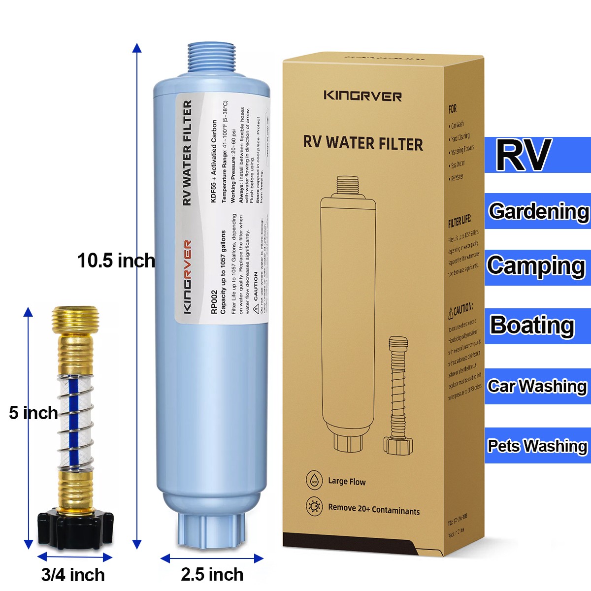 RV Water Filter w/ 3/4" Hose Protector for Drinking, RV, Camper, Garden, Washing gallery