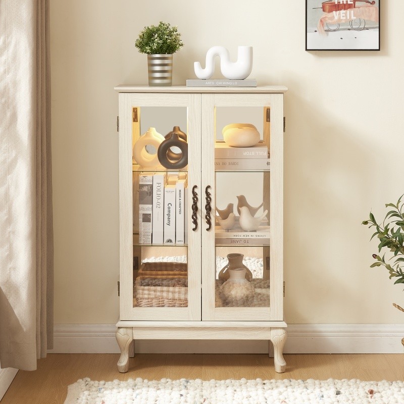 3-Tier Display Cabinet, Lighted Curio Cabinet w/Glass Doors & Adjustable Shelves gallery
