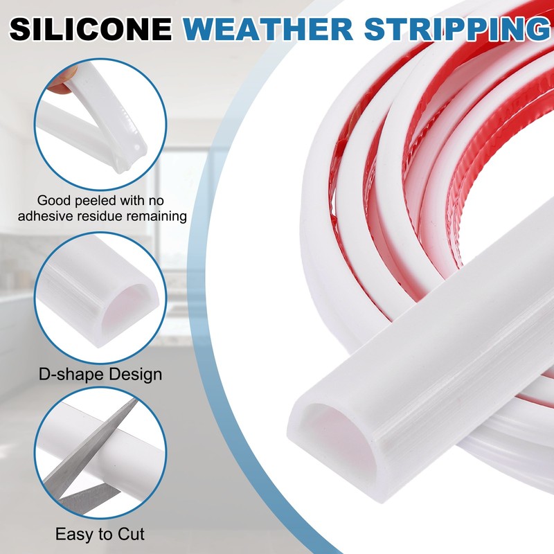 16.4FT Silicone D Shape Weather Stripping, Self Adhesive Doors Seals, White gallery