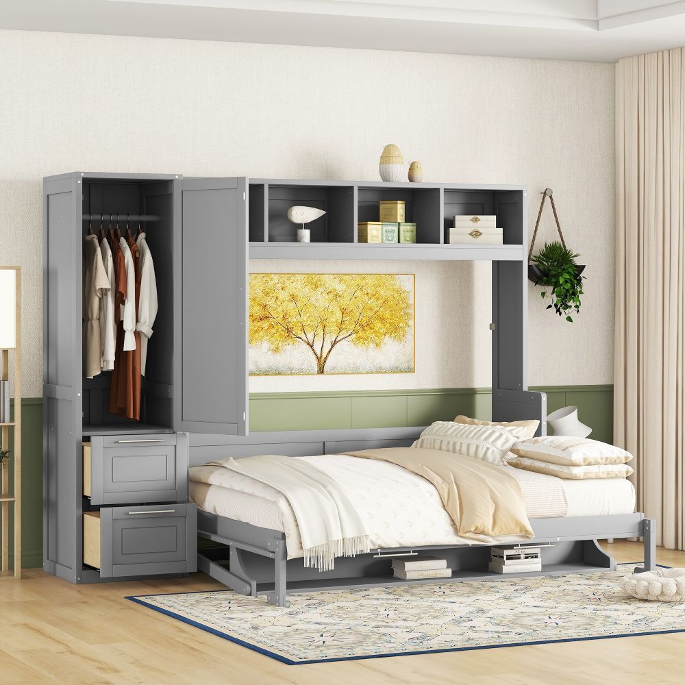 Full Queen Size Murphy Wall Bed with Closet and Drawers Space Saving Wood Bed