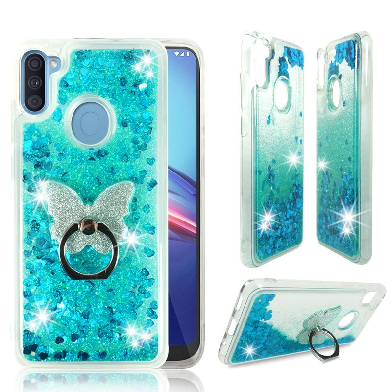 For Samsung Galaxy A11, Liquid Glitter Bling Clear Protective Case Ring Stand gallery