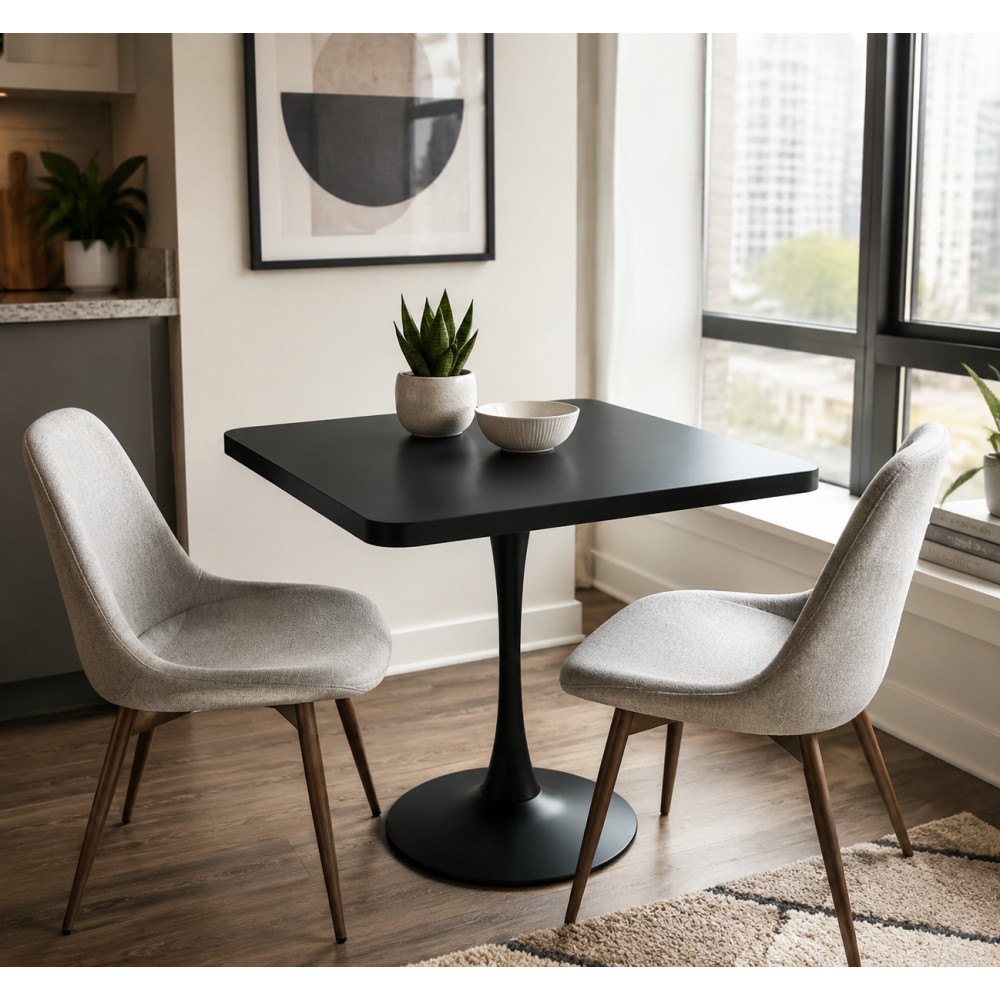 Square Tulip Dining Table 27.6", Metal Pedestal Base, Mid Century Bistro, Black gallery