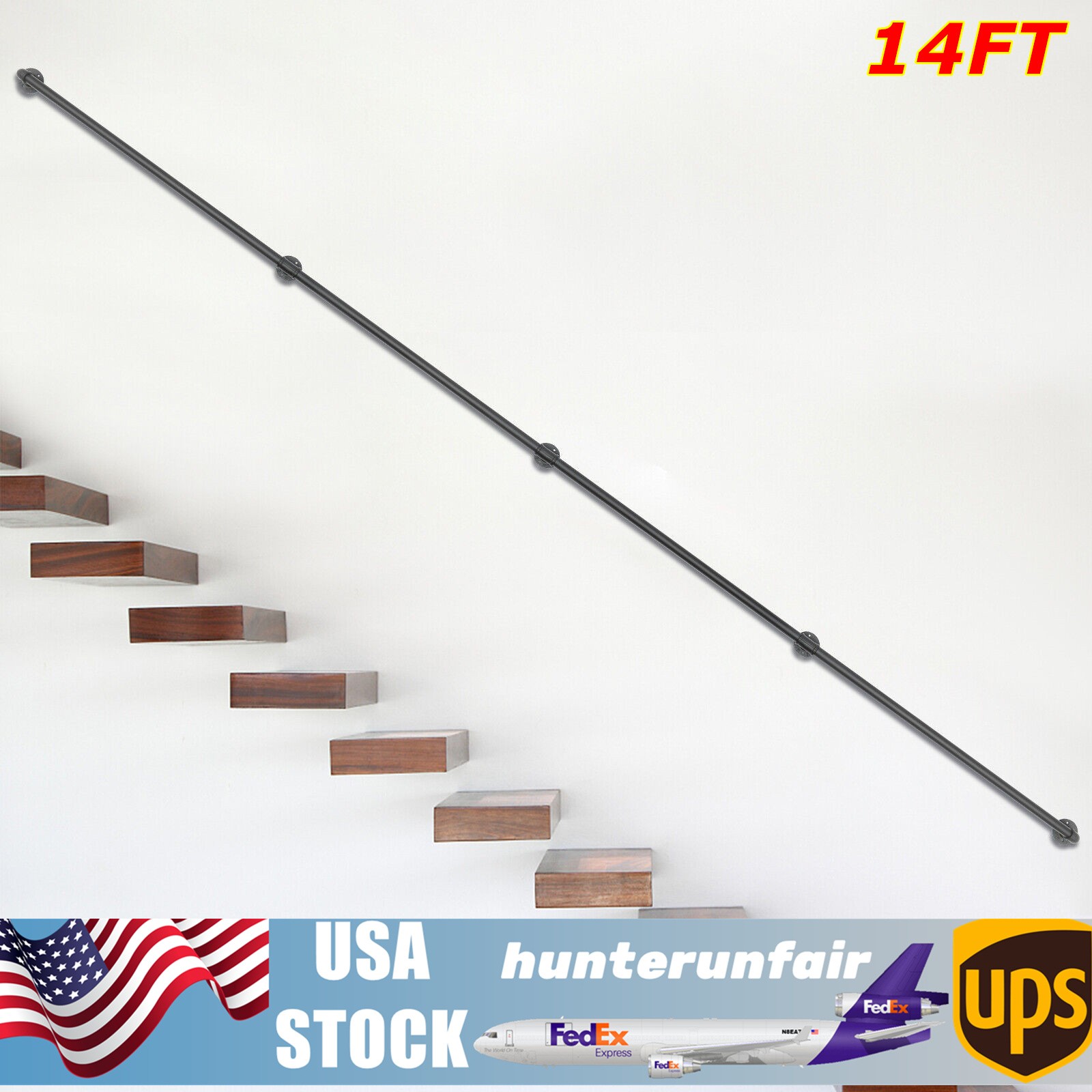 14ft Industrial Pipe Wall Handrail Outdoor Stair Railing Porch Post Matte Black gallery