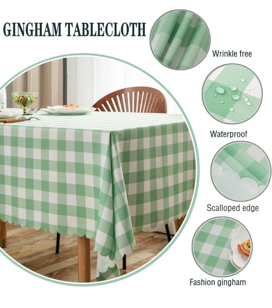 Green Plaid Rectangle Tablecloth Gingham Checkered 60x72 Wrinkle Free New In Pkg