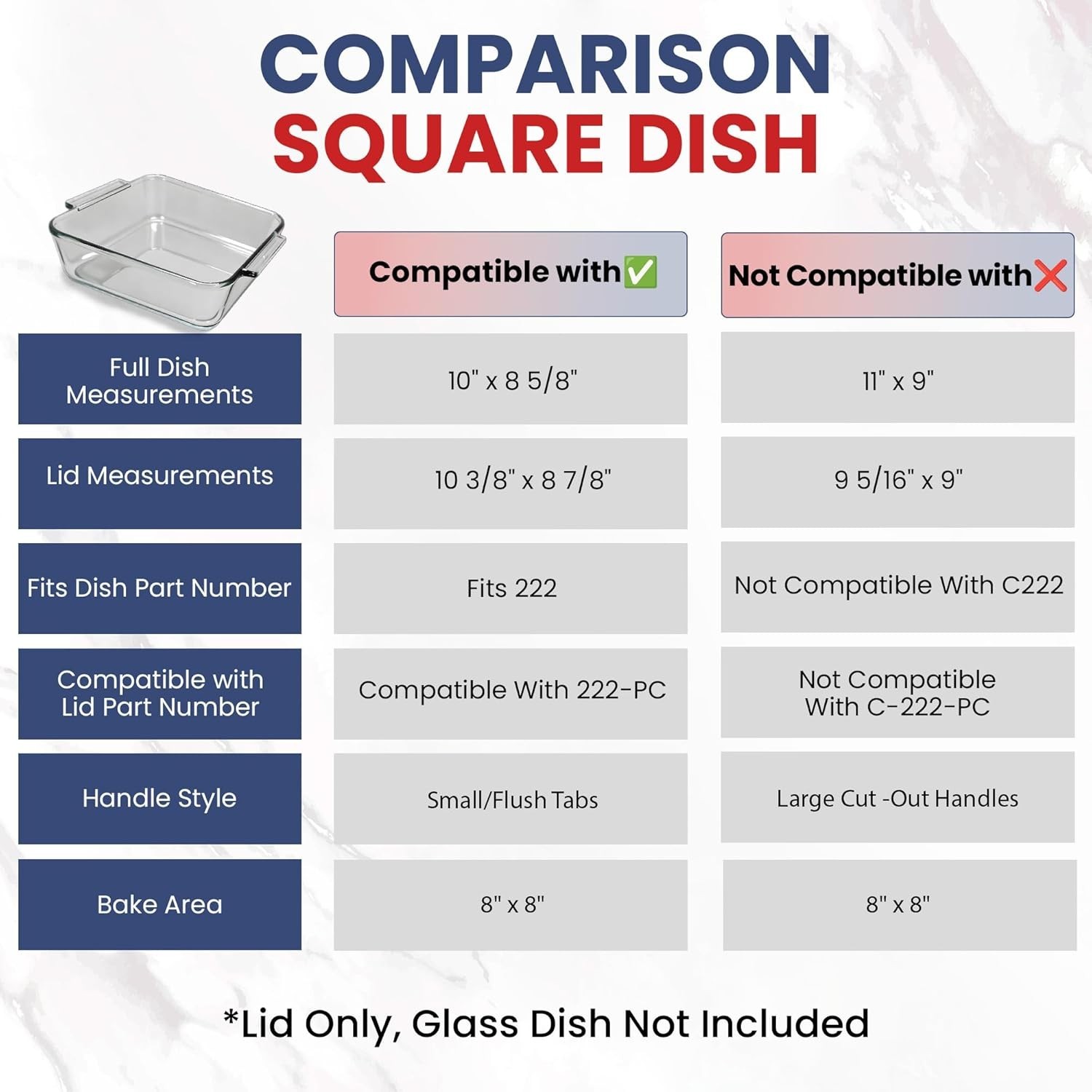 Replacement Lid fits Pyrex 222-PC Cover for 8x8 2-Quart Glass Baking Dish gallery