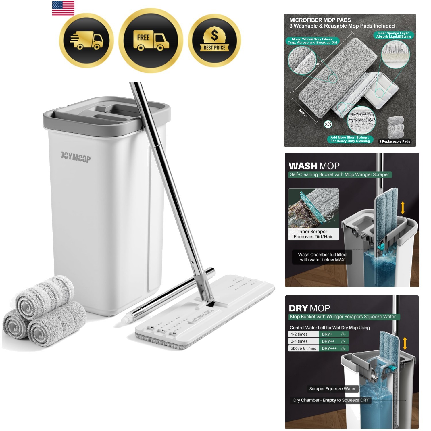 Flat Mop System with Wringer Bucket, White, Microfiber Floor Cleaning Set for... gallery