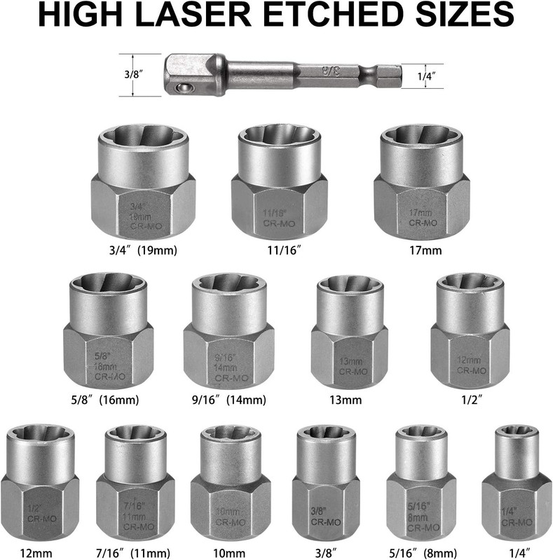 Bolt Extractor Kit, 13+1 Pieces Nut Extractor Socket Set, 3/8" Drive Rounded Bol gallery