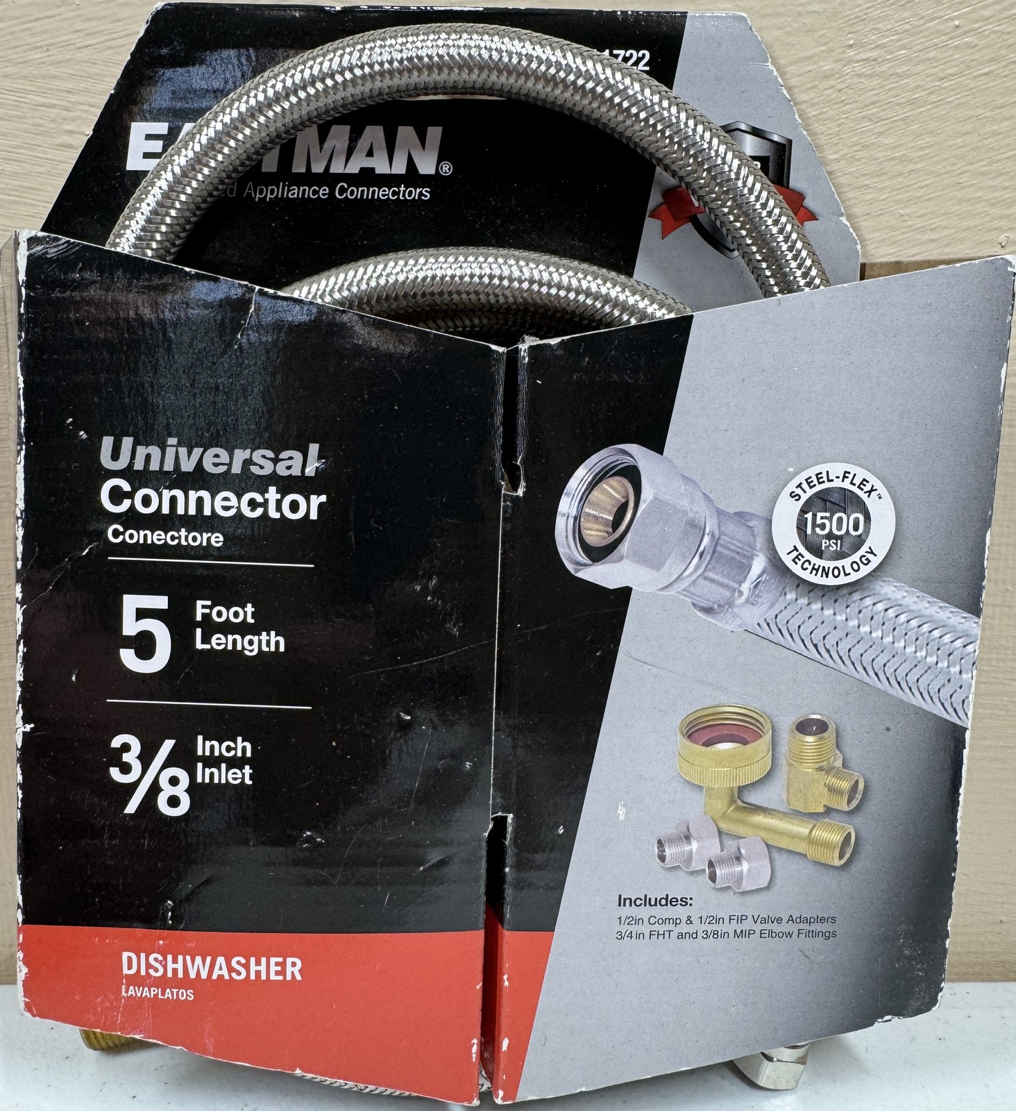 Eastman 5ft Universal Dishwasher Connector Hose Kit 3/8" Inlet Stainless Steel gallery