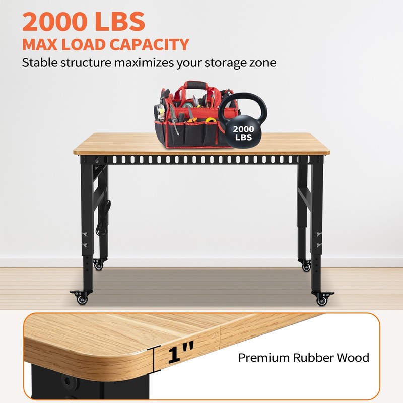 Workbench 48 Adjustable Heavy Duty 2000 LBS Power Outlet Wheels Black gallery