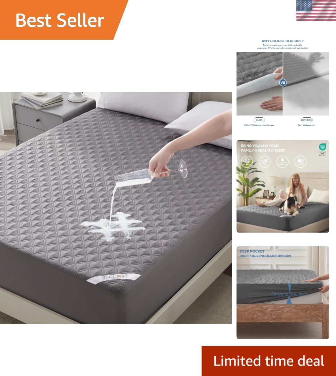 All-in-One King Size Waterproof Mattress Protector with Deep Pocket Design, Gray gallery