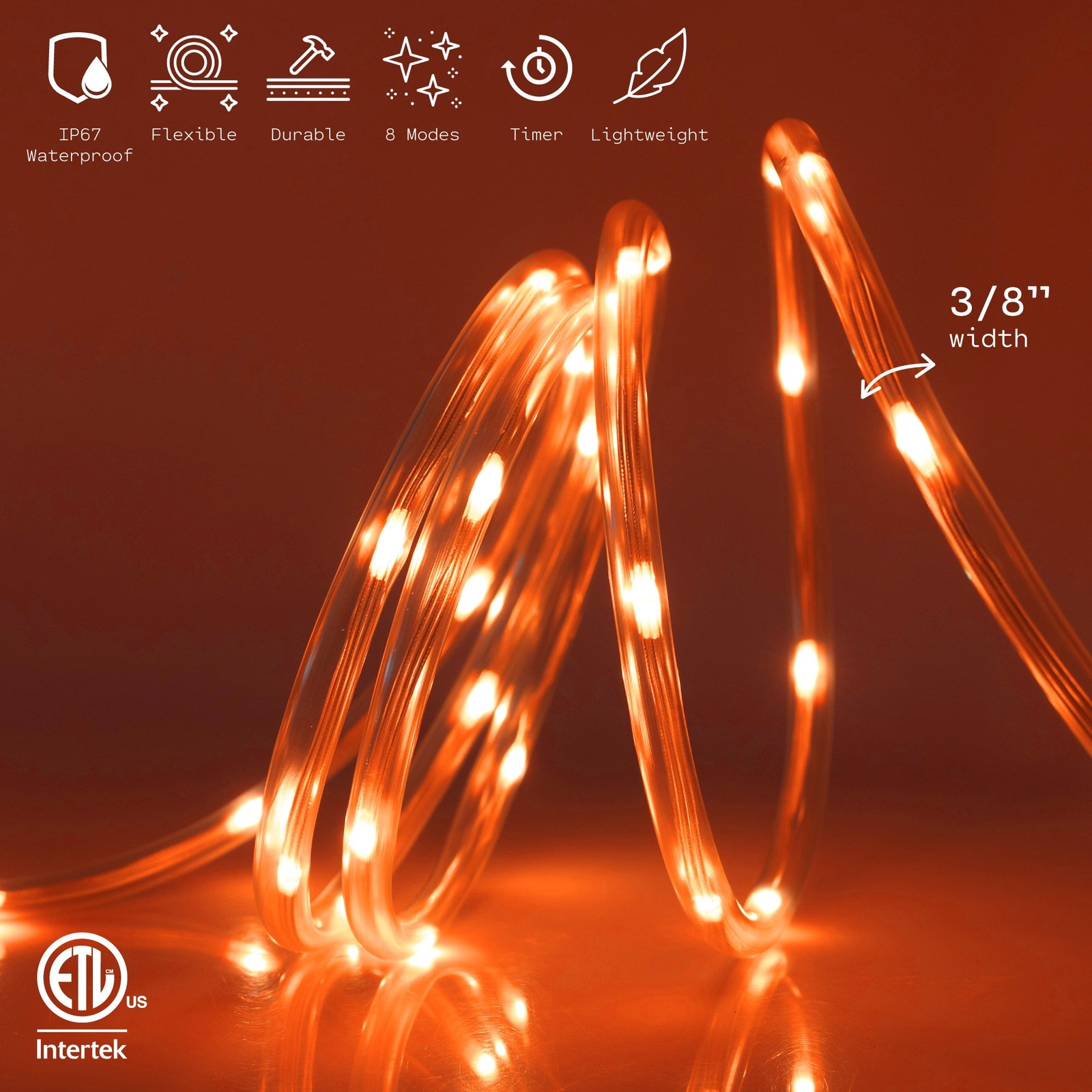 Orange 8-Mode LED Outdoor Waterproof Rope Light 10' 20' 25' 50' 100' 150' ft gallery