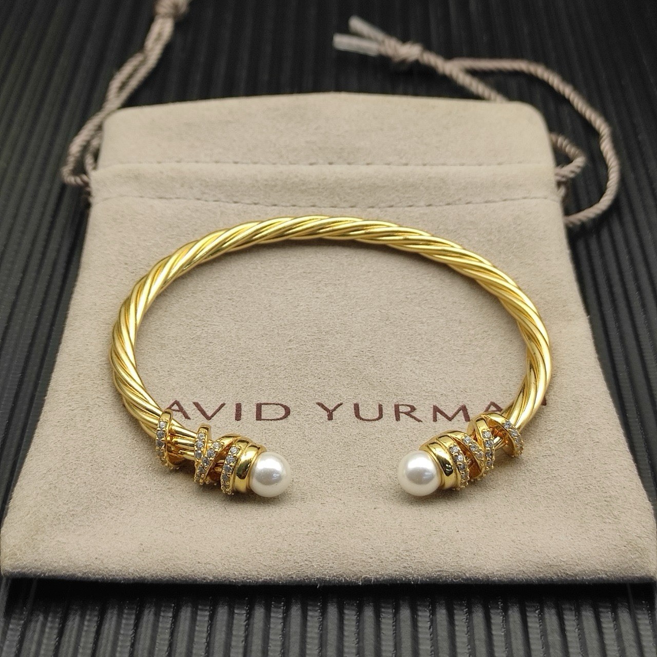 David Yurman 925 Yellow Gold Tone Cable Cuff Bracelet Pearl Ends Diamond gallery